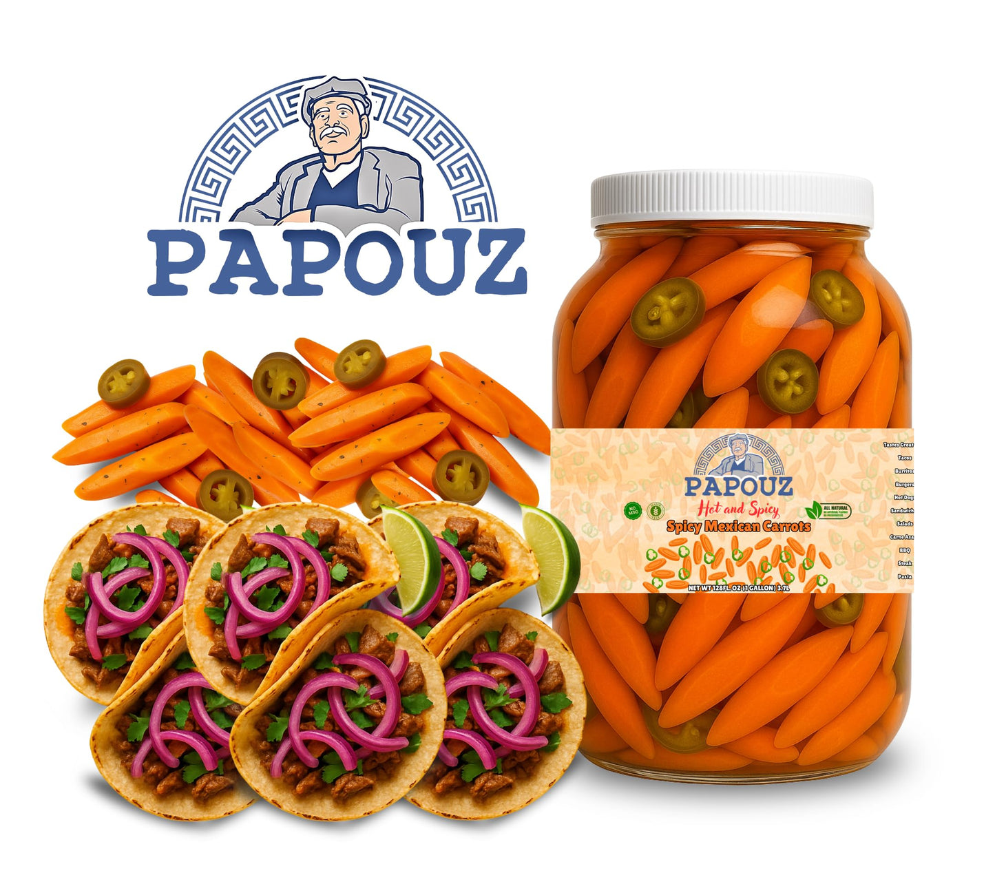 Pickled Carrots, Hot and Spicy, Mexican Style, 32 FL OZ, All Natural, Low Calorie, Gluten Free, Fat Free, No Preservatives, Low Sugar, Premium Pickled Carrots, Jalapeños, and Cascabella Chili Peppers Blend, Premier Product, Hand Sliced, Family Recipe...