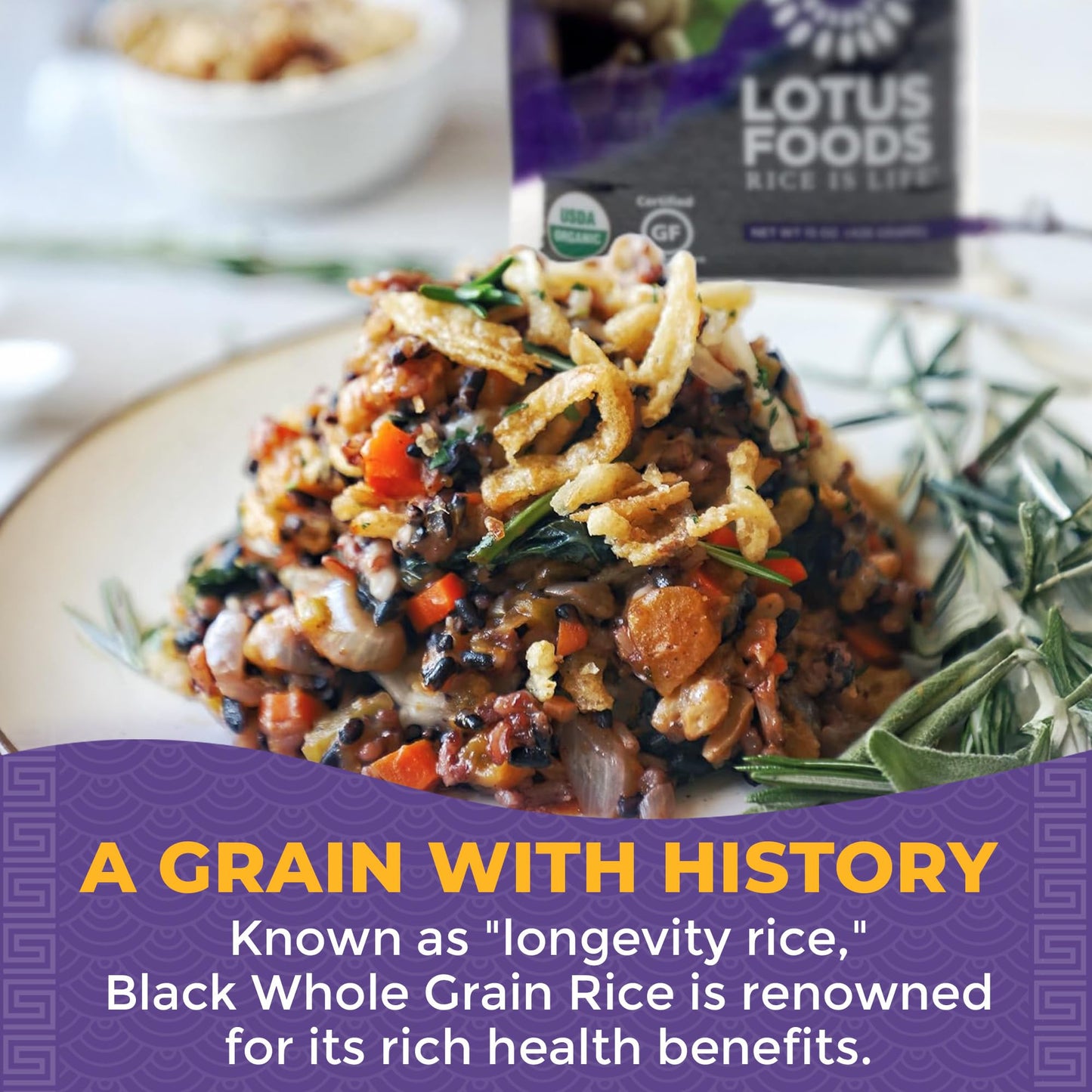 Lotus Foods Organic Forbidden Rice - Black Rice Organic, Purple Rice, Black Rice Bulk, Gluten Free Heirloom Rice, Whole Grain, Non GMO, Vegan - 15 Oz Bag (Pack of 1)