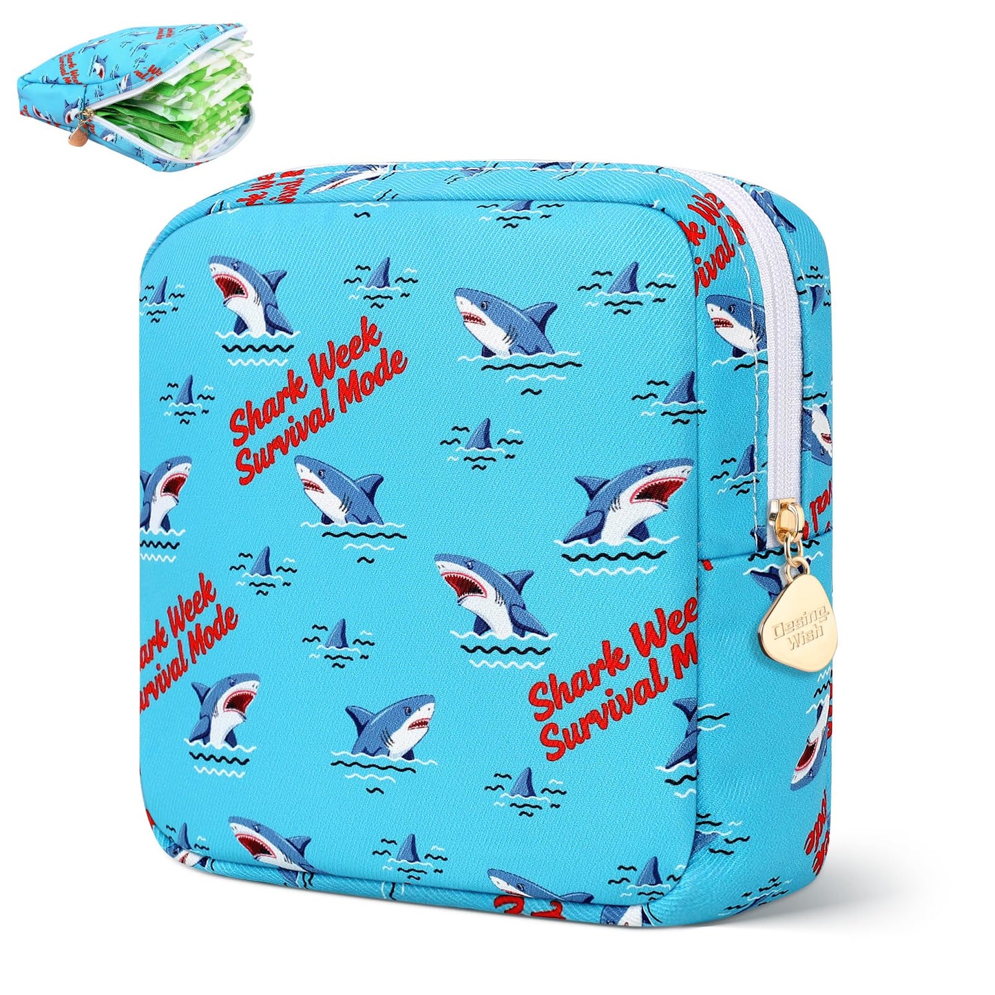Desing Wish Sanitary Pad Storage Bag Portable Period Bag for Teen Pads/Sanitary Napkins/Small Tampons, Sanitary Napkin Storage Bag First Period Gifts for Teen Girls (Shark Week)