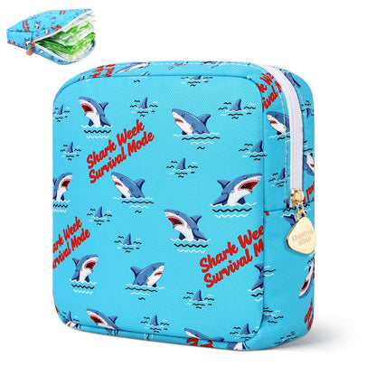 Desing Wish Sanitary Pad Storage Bag Portable Period Bag for Teen Pads/Sanitary Napkins/Small Tampons, Sanitary Napkin Storage Bag First Period Gifts for Teen Girls (Shark Week)