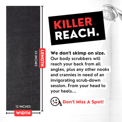Extra Rough Exfoliating Washcloth - Extreme Body & Back Scrubber for Shower, Extra Long, Hygienic Exfoliator Wash Cloth, Men Or Women, 2 Count Pack, 1 Black & 1 Grey Color, Bye Bye Loofah