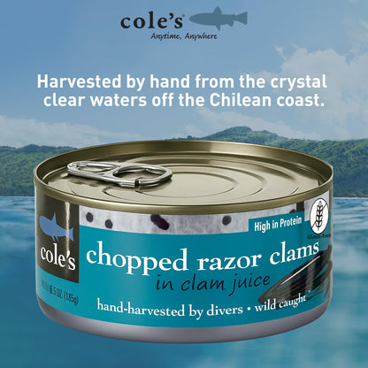 COLES CANNED AND CHOPPED CLAMS - Harvested in Crystal Clear Water, Gluten Free Food, High Protein and Low-Calorie Clams – Pack of 12 (6.5 oz per)