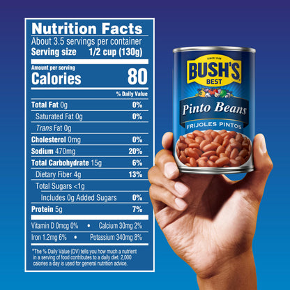 BUSH'S BEST Pinto Beans, 16 Ounce Can, Canned Beans, Pinto Beans Canned, Source of Plant Based Protein and Fiber, Low Fat, Gluten Free, For Soups, Salads and More
