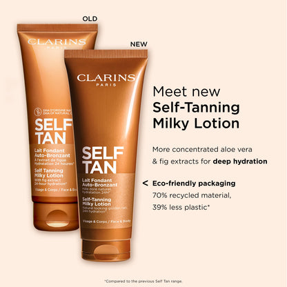 Clarins NEW Self-Tanning Milky Lotion | Self Tanner for Face and Body | Buildable, Streak-Free, Long-Lasting, Natural, Sun-Kissed Glow | 24H Hydration*| Contains Aloe Vera & Glycerin | 4.5 Ounces