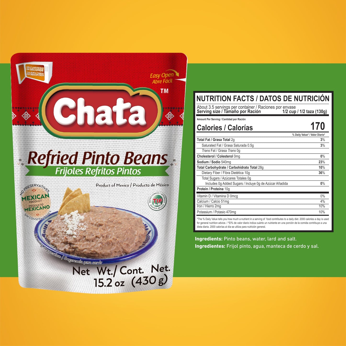Chata Mexican Refried Pinto Beans, Authentic Mexican Flavor, 15.2 oz (Pack of 5)