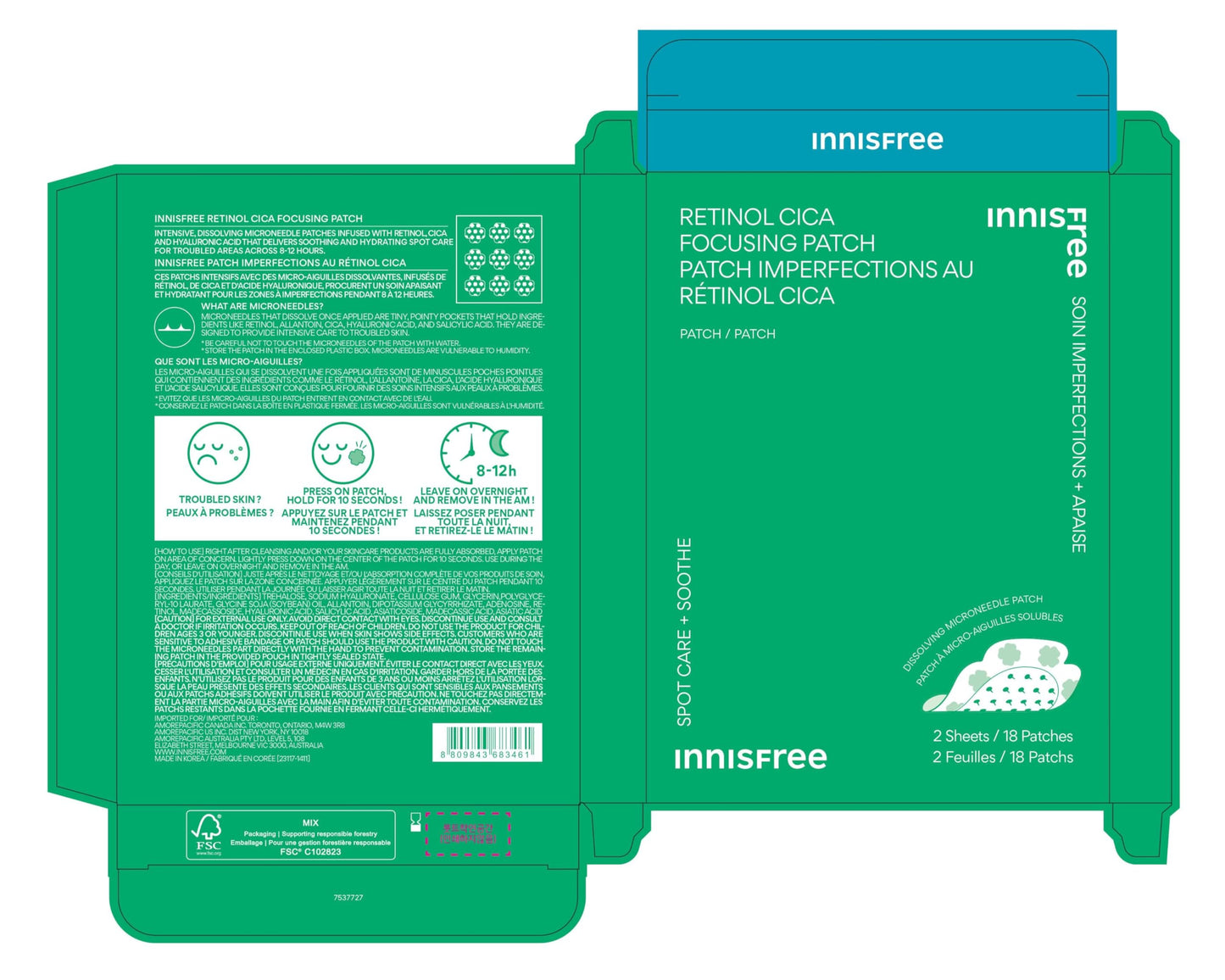 innisfree Retinol Cica Focusing Patch - Korean Hydrocolloid Patches with Salicylic Acid and Hyaluronic Acid for Acne Spots and Blemishes, Available in 1 or 2 Pack