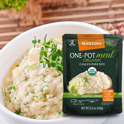 Mantova Organic Cauliflower Rice, 8.5 oz. (Pack of 6), Product of Italy, One-Pot Meal, Microwaveable, Ready-in-Minutes Cauliflower Rice, All-Natural, Healthy Rice Alternative, Ideal for Soups, Stews, Side Dishes, Salads, Rice Bowls, Breakfast Bowls...