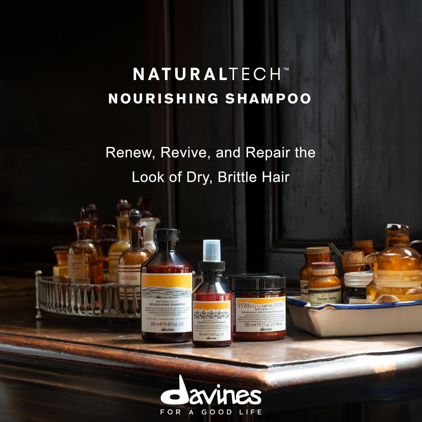 Davines Naturaltech Nourishing Shampoo, Restructuring & Hydrating for Dry & Damaged Hair - With Vegetal Keratin - Gentle Cleanser for Dehydrated Scalp & Hair, 8.45 Fl Oz