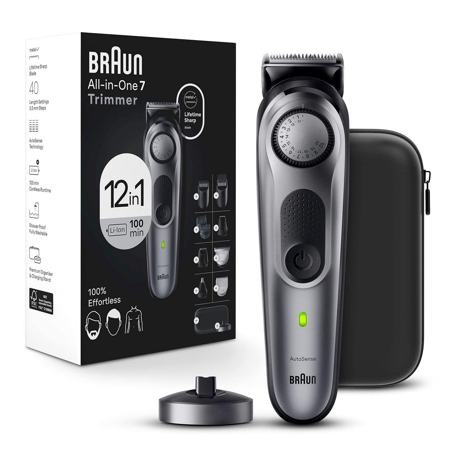 Braun All-in-One Men's Shaving Kit Series 7 7440, 12-in-1 Beard, Face, Nose, Ear Trimmer, Hair Clippers, Body Groomer and Manscaping + Travel Case + Charging Stand