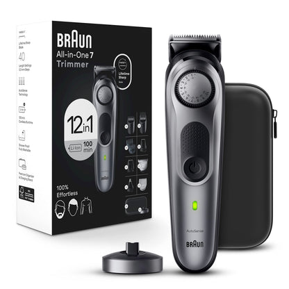 Braun All-in-One Men's Shaving Kit Series 7 7440, 12-in-1 Beard, Face, Nose, Ear Trimmer, Hair Clippers, Body Groomer and Manscaping + Travel Case + Charging Stand