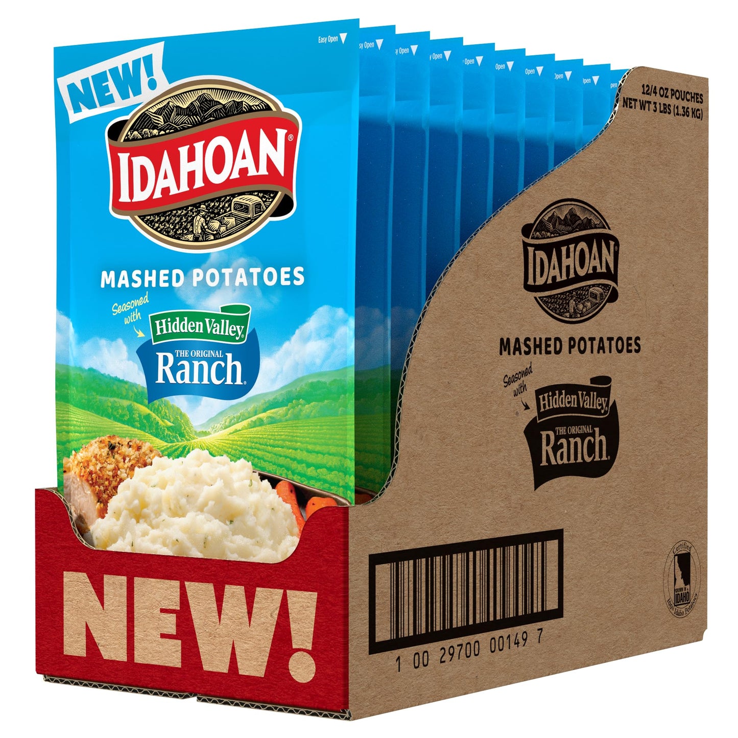 Idahoan Mashed Potatoes Seasoned with Hidden Valley Original Ranch, Naturally Gluten-Free, 100% Real Idaho Potatoes, 4 servings per bag, 4 ounce (Pack of 12)