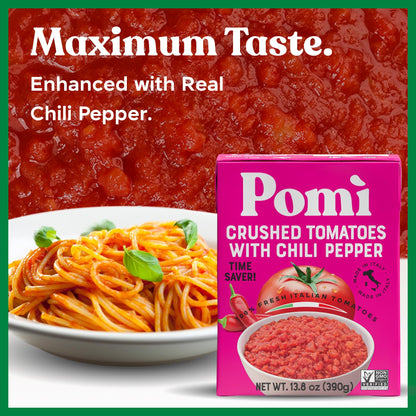 Pomì Crushed Tomatoes with Chilli Pepper 13.8oz (Pack of 12) - Velvety Italian Tomato No Salt Added, No Additives or Preservatives Tomato Crushed BPA free - Made from 100% Fresh Italian Tomatoes