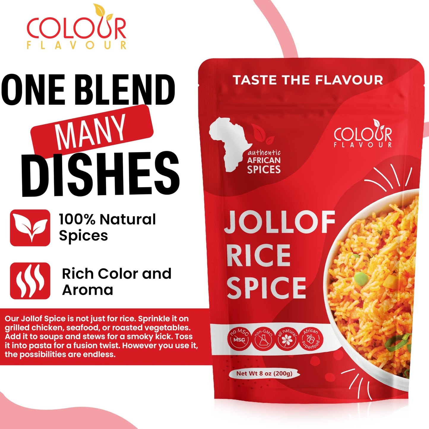 COLOUR FLAVOUR Jollof Rice Seasoning | Authentic Nigerian Spice Blend for Smoky Jollof | Organic African Cooking Spices with Herbs & Superfoods | Gluten Free | 7oz