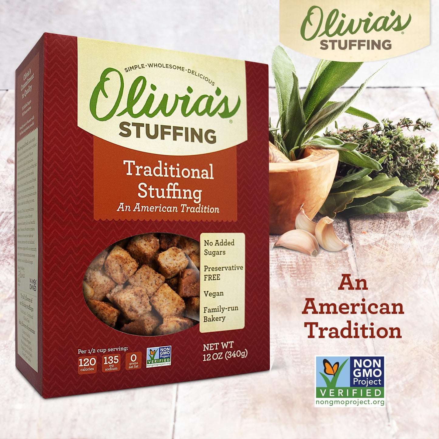 Olivia's Croutons Traditional Stuffing Mix - Natural and Vegan Dressing, 12 oz (Pack of 2)