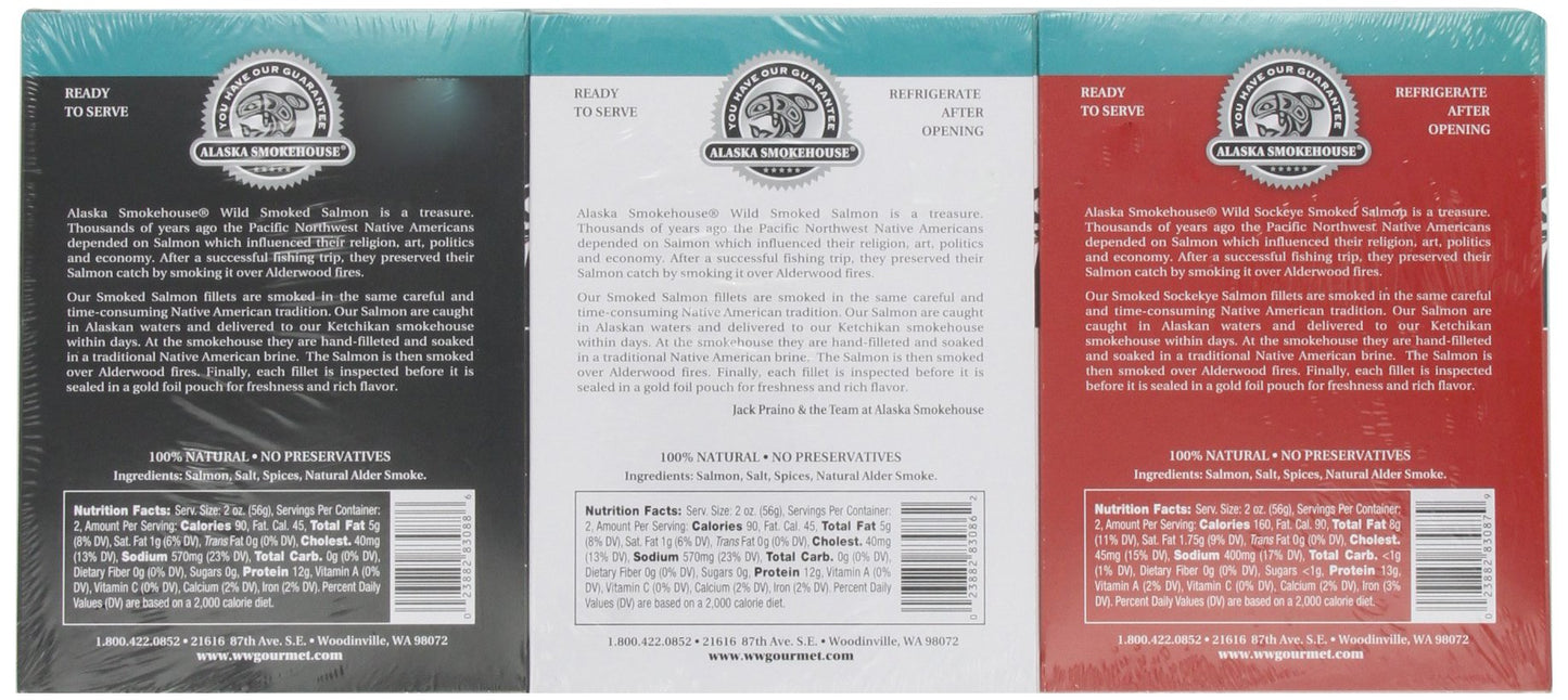 Alaska Smokehouse Trio of Smoked Salmon/Pepper Garlic/Sockeye Gift Set 4 ounce each
