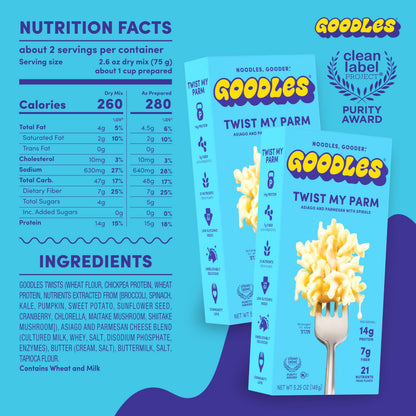 Goodles Twist My Parm Asiago and Parmesan with Spirals - Nutrient Packed with Real Cheese, Fiber, Protein, Prebiotics, Plants, & Vegetables | Non-GMO, Organic Ingredients