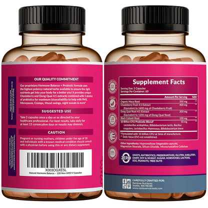 Hormone Balance + Probiotics for Women- Natural Menopause Relief, Weight Management, Bloating, Hot Flashes, PMS | Organic Maca, Chasteberry, Dong Quai & Black Cohosh | Non GMO |120 V Capsules