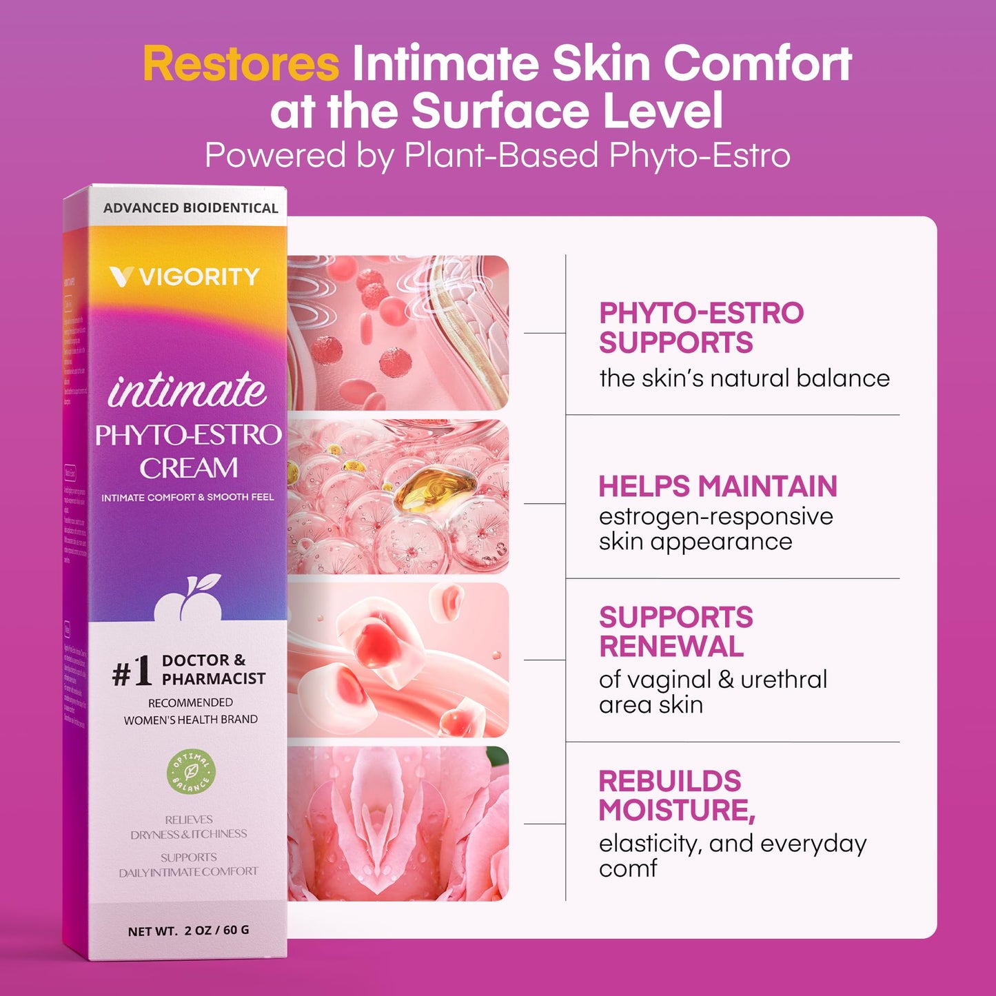 Vigority Intimate Phyto-Estro Cream for Women, Daily Intimate Moisturizer for Comfort & Hydration, Gentle Botanical Formula, Paraben-Free, 50g / 1.76 oz