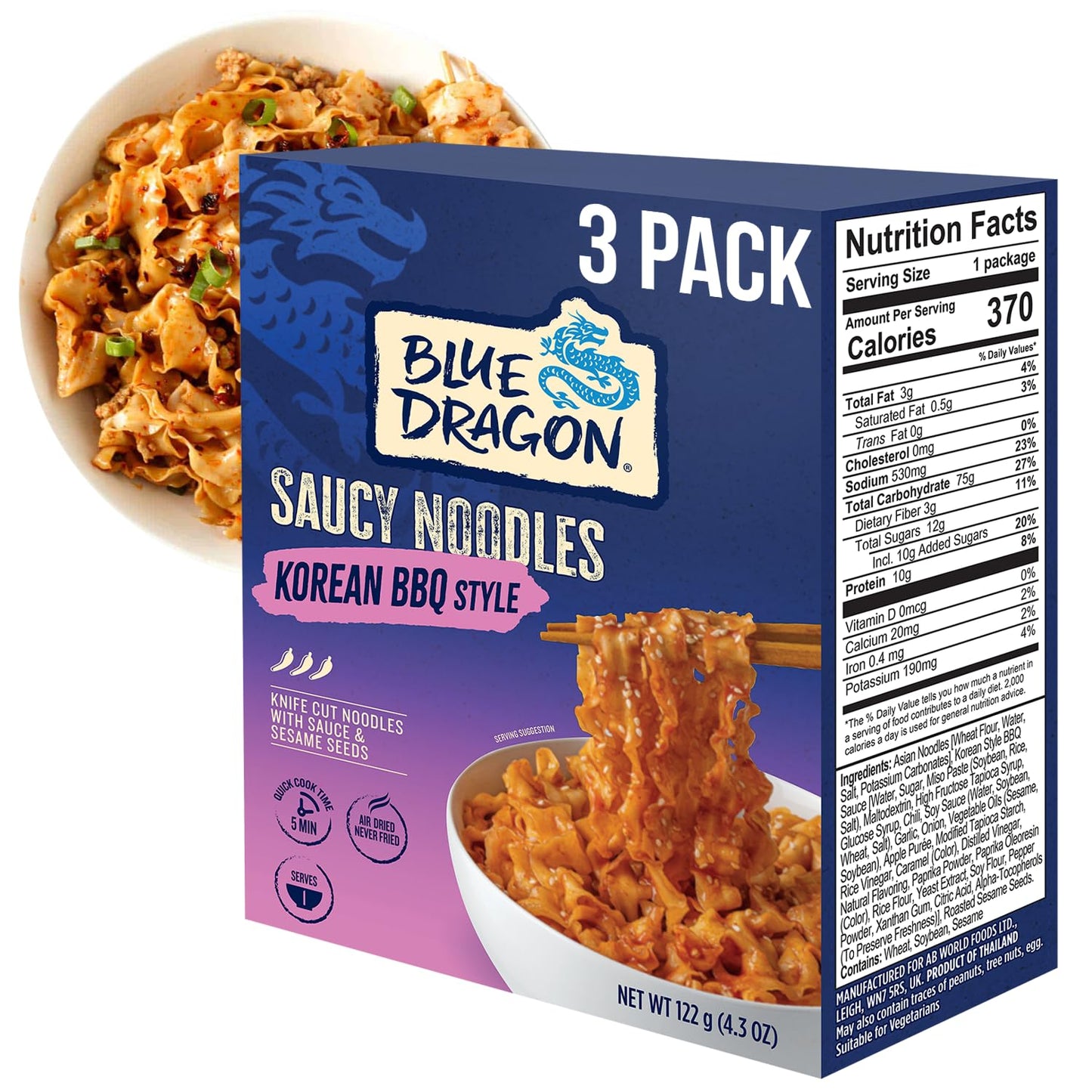 Blue Dragon Korean BBQ Saucy Noodles - 4.2oz (Pack of 3) - Knife Cut Thick Noodles w/Korean BBQ Sauce & Sesame Seed Garnish - Quick & Easy Meal with Bold Asian Flavors - Vegetarian Friendly