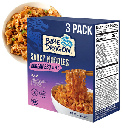 Blue Dragon Korean BBQ Saucy Noodles - 4.2oz (Pack of 3) - Knife Cut Thick Noodles w/Korean BBQ Sauce & Sesame Seed Garnish - Quick & Easy Meal with Bold Asian Flavors - Vegetarian Friendly