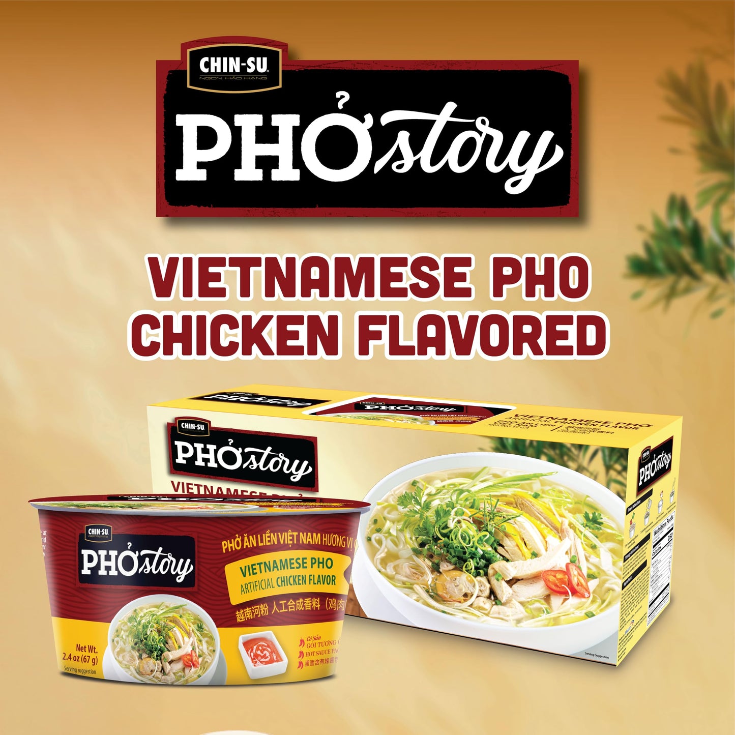 CHIN-SU Vietnamese Pho Noodle Bowl, Chicken Flavor, 2.4 oz, Instant Soup with Rice Noodles