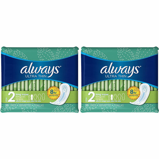 Always Ultra Thin Long Super Pads, 20 Count, (Pack of 2)