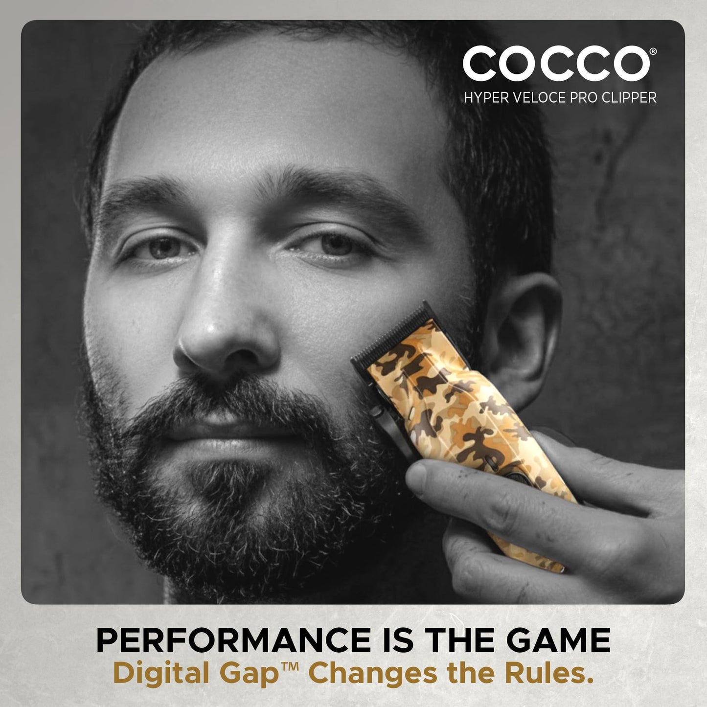 Cocco Hyper Veloce Pro Clipper, Digital Gap Ambassador Graphene Taper Blade Professional Hair Clippers, High-Torque BLDC Motor, All-Metal, Cordless, Charging Station Included (Camo)
