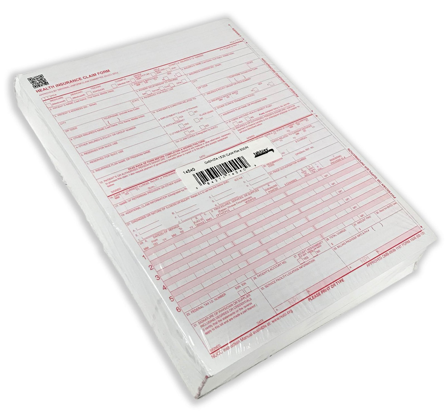 Tabbies Health Insurance Claim Forms, Approved by National Uniform Claim Committee (NUCC), HCFA/CMS 1500, 8-1/2" x 11", 500 Sheets/Pack