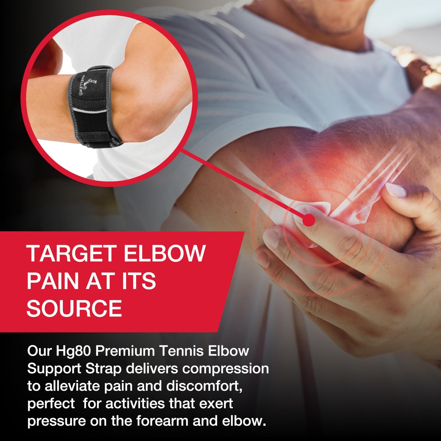MUELLER Sports Medicine Hg80 Premium Tennis Elbow Support Strap, Elbow Pain Relief Brace For Men and Women, Black,