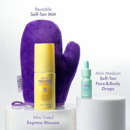 Isle of Paradise Bronzed Bestsellers 3 Piece Self-Tanning Set, Medium Self-Tan Drops, Express Tinted Self-Tan Mousse, Streak-Free Tanner, Hydrating Formula with Hyaluronic Acid & Niacinamide