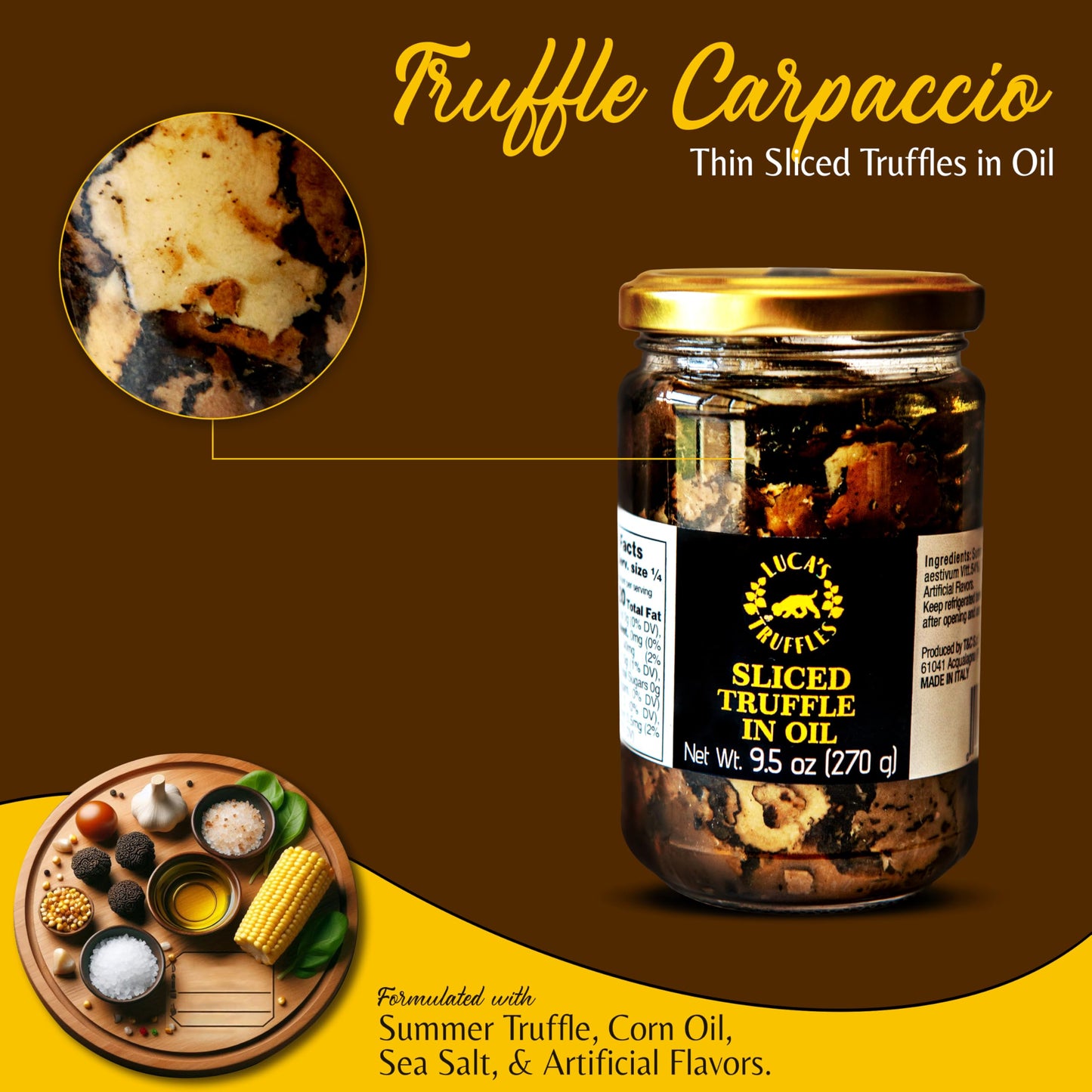 Luca’s Truffles 100% Italian Black Summer Truffle Carpaccio (270g) – Fresh Black Truffle Seasoning Slices Preserved in Extra Virgin Olive Oil & Salt – Gourmet Truffles for Meat, Fish, Pasta, or Salad Toppings