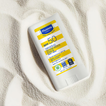 Mustela Baby Mineral Sunscreen Stick SPF 50 Broad Spectrum - Face & Body Sun Stick with 70% Organic Ingredients - Ultra Sheer, Water Resistant & Fragrance-Free - 0.6 oz.