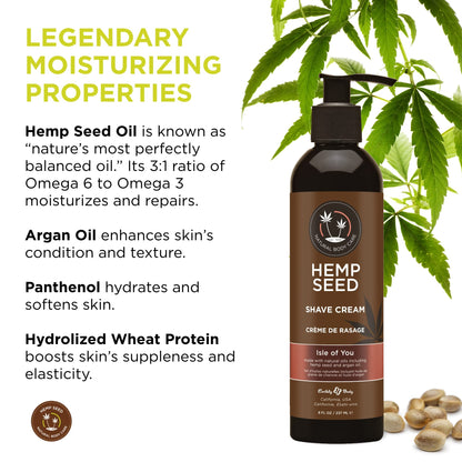 Hemp Seed Shave Cream, Isle of You - 8 oz - Nourishes & Protects Skin - With Hemp Seed Oil, Argan Oil & Vitamin E - Vegan, Cruelty Free