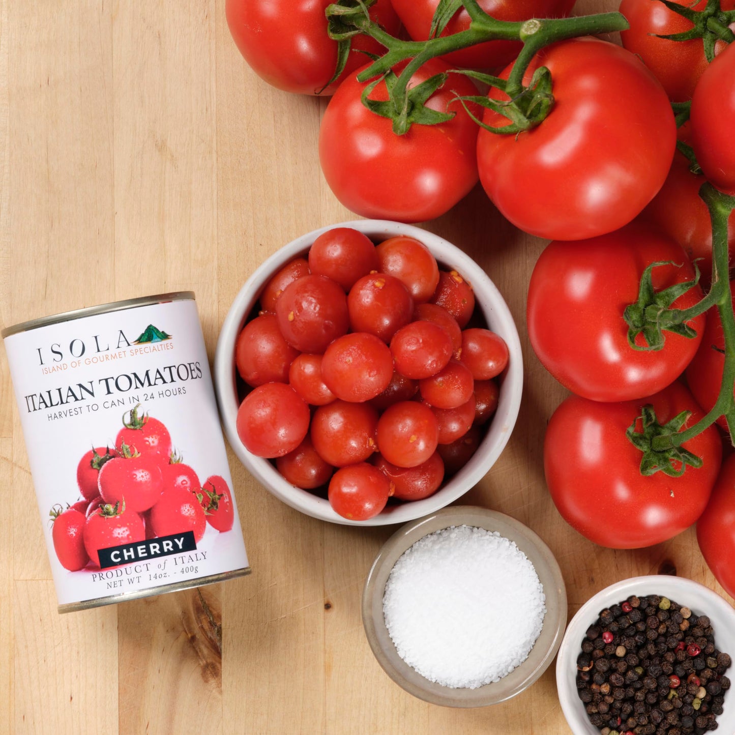 Isola Italian Cherry Tomatoes, 14 oz Can, Whole Tomatoes Grown in Southern Italy, Packed in Juice with Sweet and Acidic Balance, No Salt or Preservatives, Ideal for Sauces and Roasting