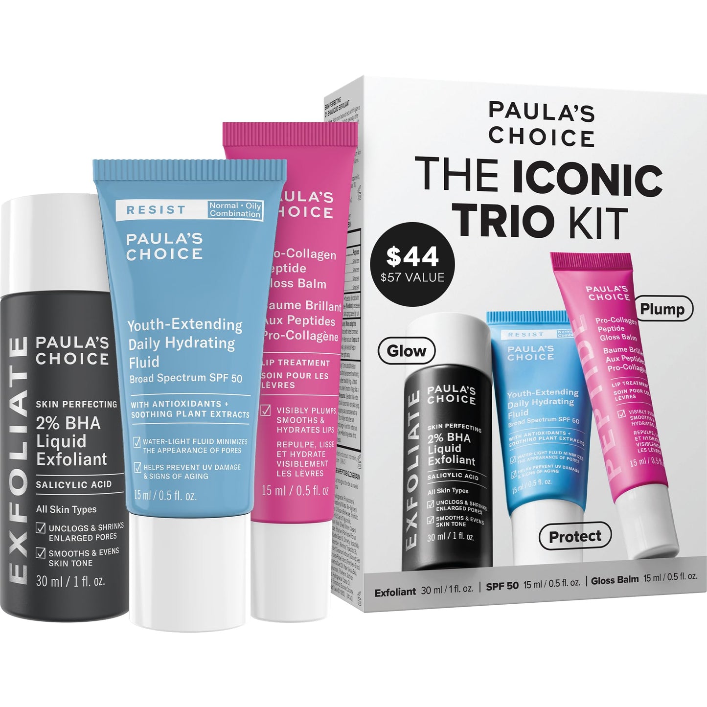 Paula’s Choice The Iconic Trio Kit, Travel 2% BHA Liquid Exfoliant, Travel SPF 50 Moisturizer, Full Sized Peptide Gloss Balm, Complete Glow and Lip Care Set