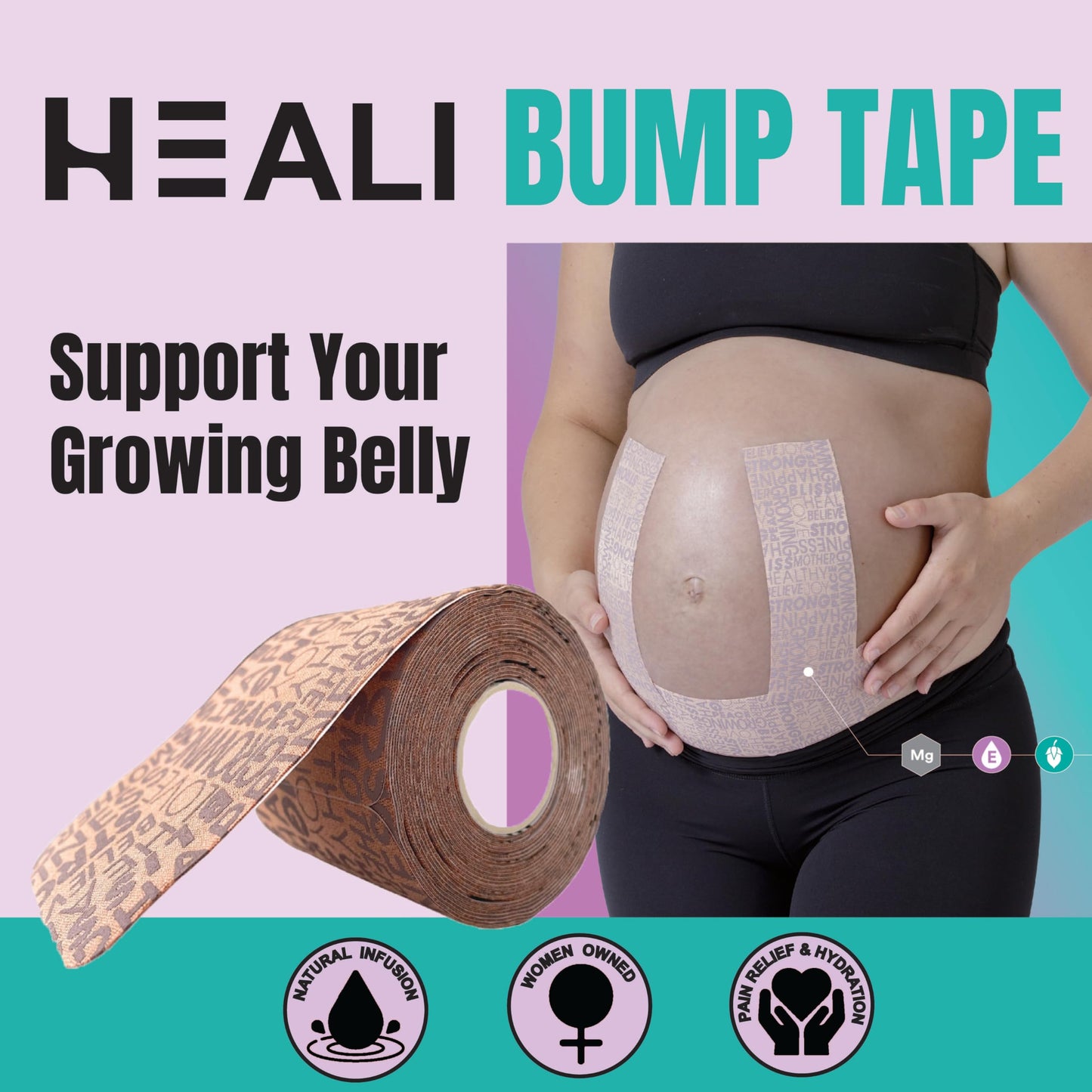 Heali Bump Kinesiology Tape, 15 Pre-Cut Wide Strips, Synthetic Silk Belly Tape, Magnesium, Vitamin E, Jojoba Oil, Infused for Flexibility, Skin Elasticity and Hydration, Pack of 1