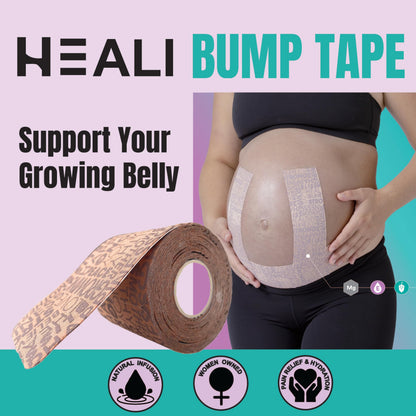 Heali Bump Kinesiology Tape, 15 Pre-Cut Wide Strips, Synthetic Silk Belly Tape, Magnesium, Vitamin E, Jojoba Oil, Infused for Flexibility, Skin Elasticity and Hydration, Pack of 1
