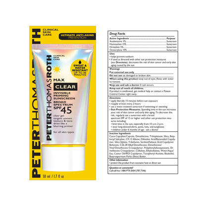 Peter Thomas Roth | Max Clear Invisible Priming Sunscreen Broad Spectrum SPF 45 | Makeup Primer with SPF, Water-Resistant Sunscreen Gel with Silky Finish, 1.7 fl. oz.