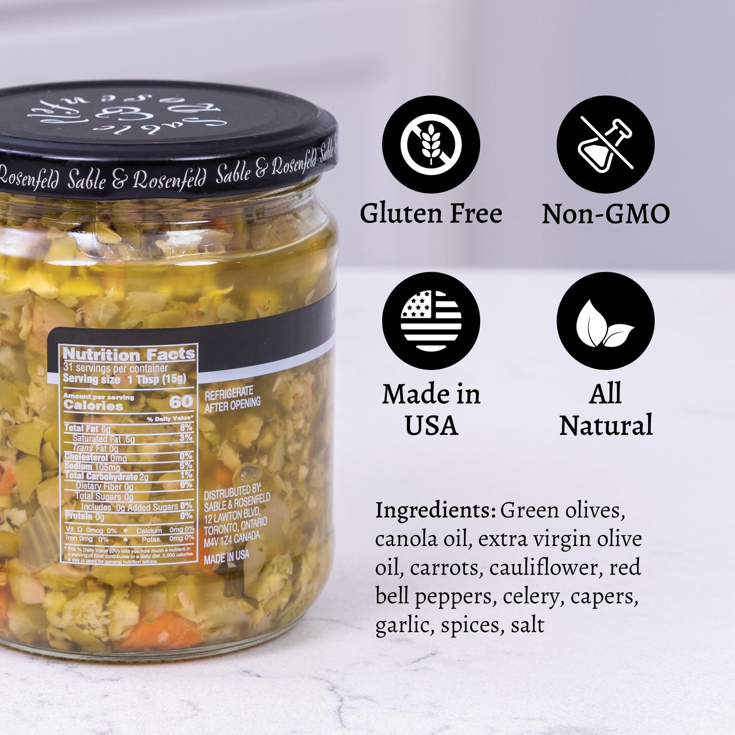 Sable & Rosenfeld Mediterranean Olive Bruschetta in a Jar 16 oz (Pack of 1), Classic Olive Spread with Sweet Peppers and Capers, Non-GMO, Gluten-Free