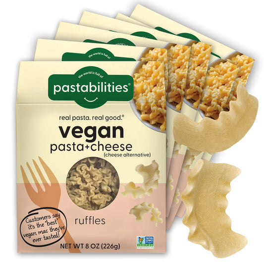 Pastabilities Vegan Ruffles - Mac and Cheese - Family Size – Serves 4, Wheat Based Pasta, Delicious Taste, Non GMO, Vegan Pasta and Cheese, 10g of Protein (6 Pack, 8 Oz)