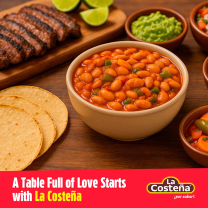 La Costeña Charro Beans - Ready-to-Eat Canned Pinto Beans with Chorizo, Bacon & Chicharrones - Mexican Food, Tex Mex, Chili Ingredients, Bean Dip, Bean Burger & Burrito - 19.75oz, 12 Pack Canned Food