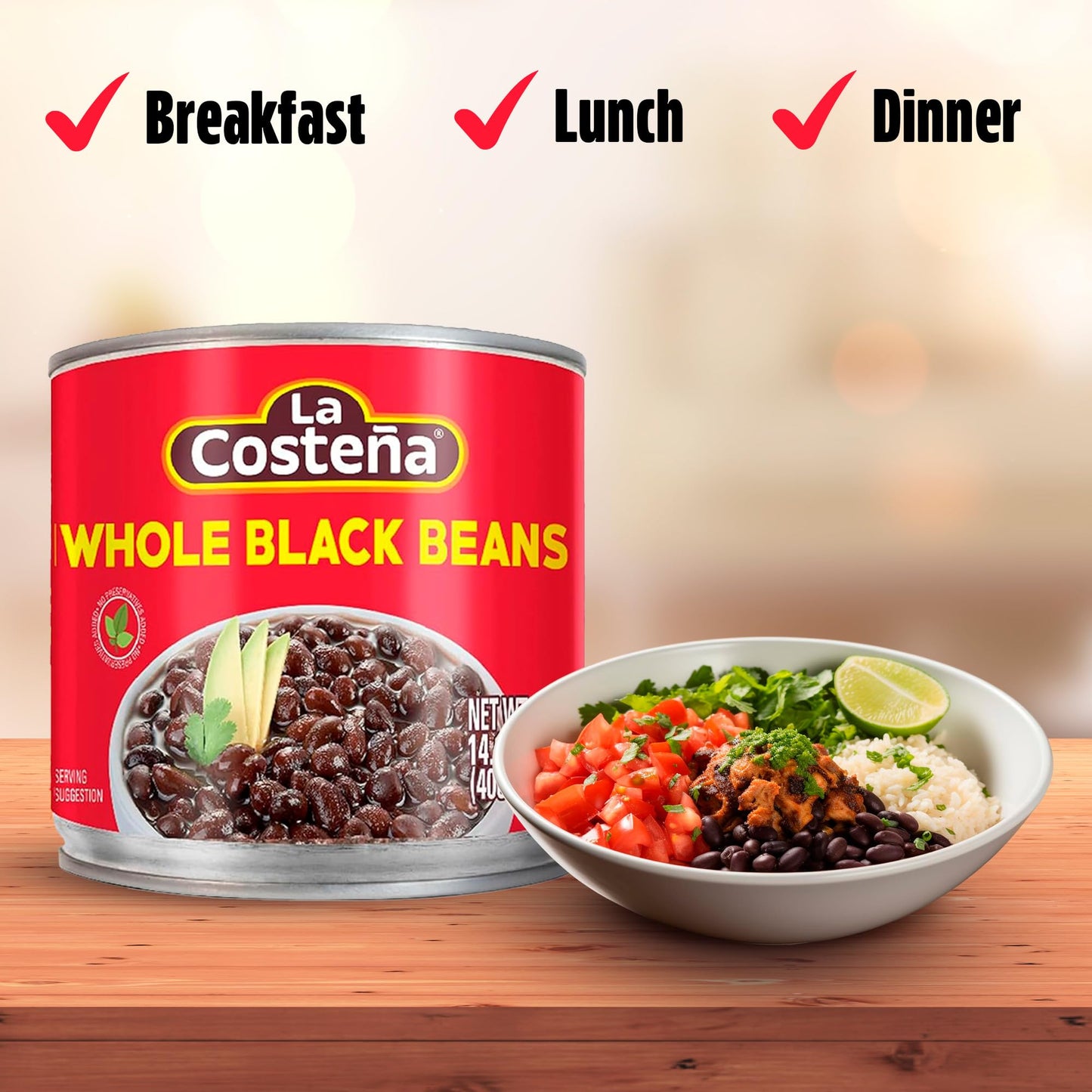 La Costeña Whole Black Beans - Ready-to-Eat Canned Black Beans for Mexican Food, Vegetarian Chili Ingredients, Frijoles Negros, Hummus, Dips, Burgers & Burritos - 14.1 oz, 12 Pack Bulk Canned Food