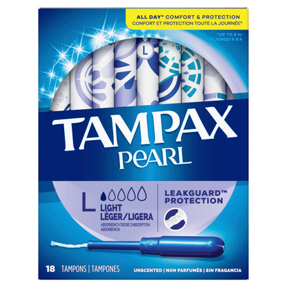 Tampax Pearl Tampons, Light Absorbency With Leakguard Braid, Unscented, 18Count