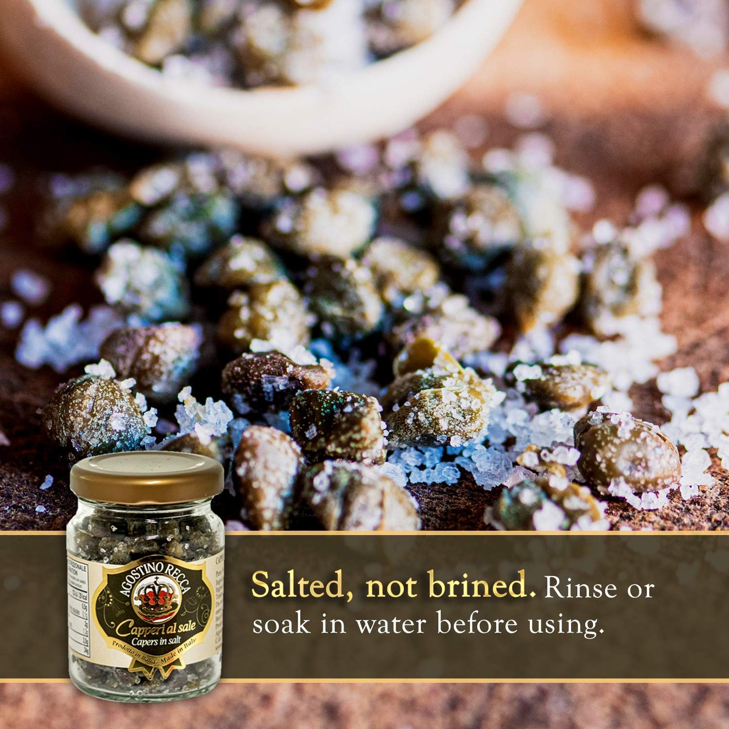 Agostino Recca Capers in Sea Salt - Pickled Capers Best for Sauces, Meats, & Garnishes (2.2 oz)