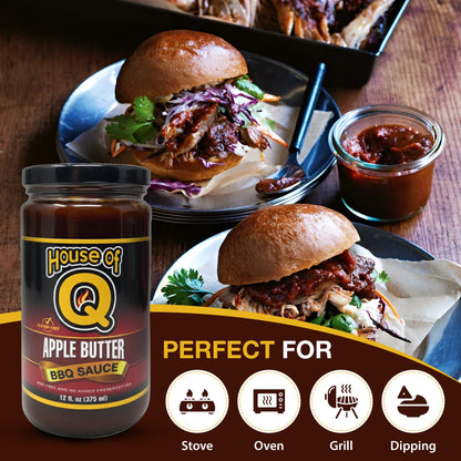 House of Q Apple Butter BBQ Sauce – Sweet & Smoky Apple Barbecue Sauce with Cinnamon, Molasses & Spices – Thick Gourmet Glaze for Chicken, Pork & Burgers – Gluten Free, MSG Free, Preservative Free – 12 oz Jar