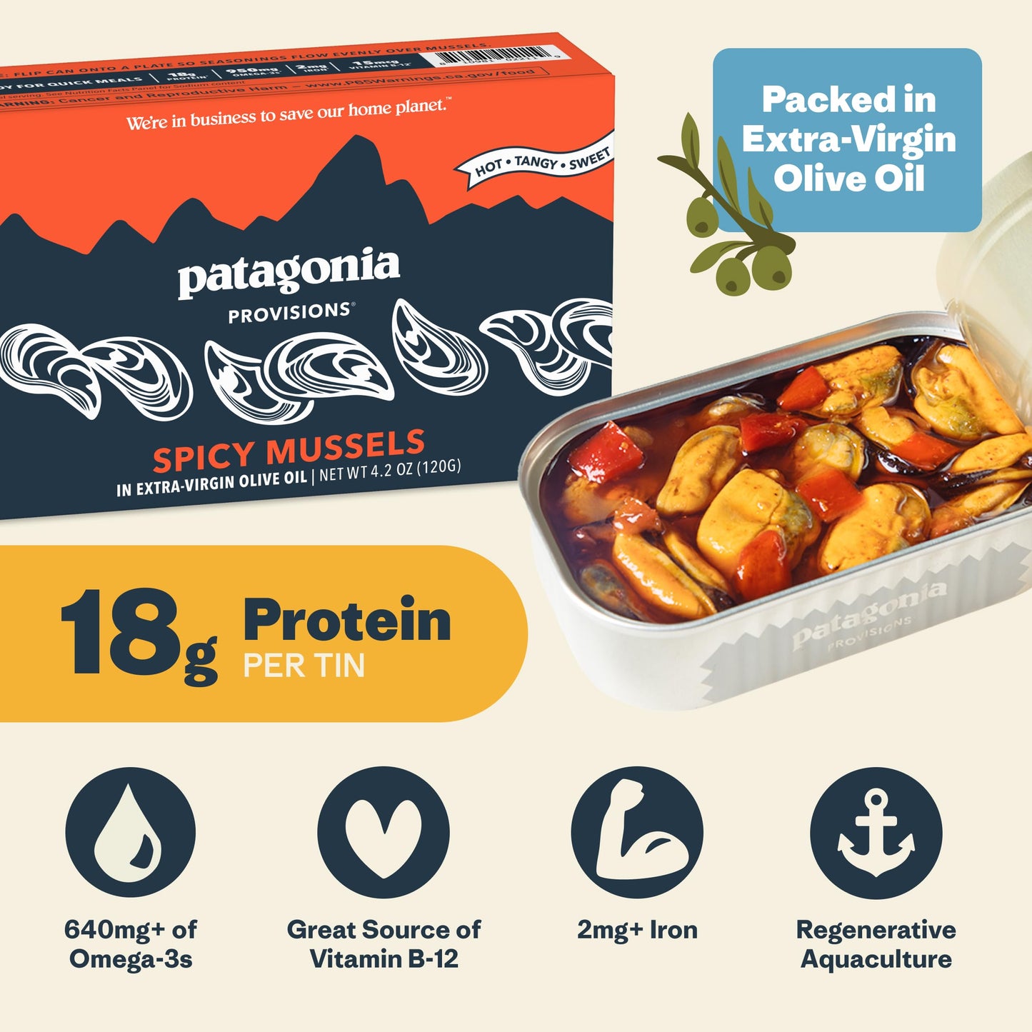 Patagonia Provisions - Spicy Mussels in Extra Virgin Olive Oil | Responsibly sourced | 18g Protein & Gluten Free