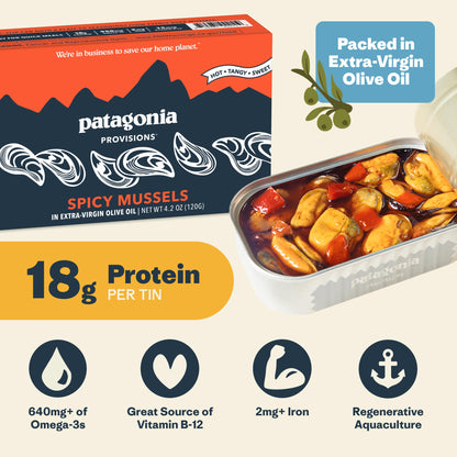 Patagonia Provisions - Spicy Mussels in Extra Virgin Olive Oil | Responsibly sourced | 18g Protein & Gluten Free
