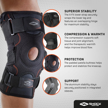 Shock Doctor Knee Brace, Compression Knee Brace for Men & Women, Hinged Knee Brace with Side Stabilizers, Maximum Support, Adjustable Dual Hinges, Knee Braces and Knee Support