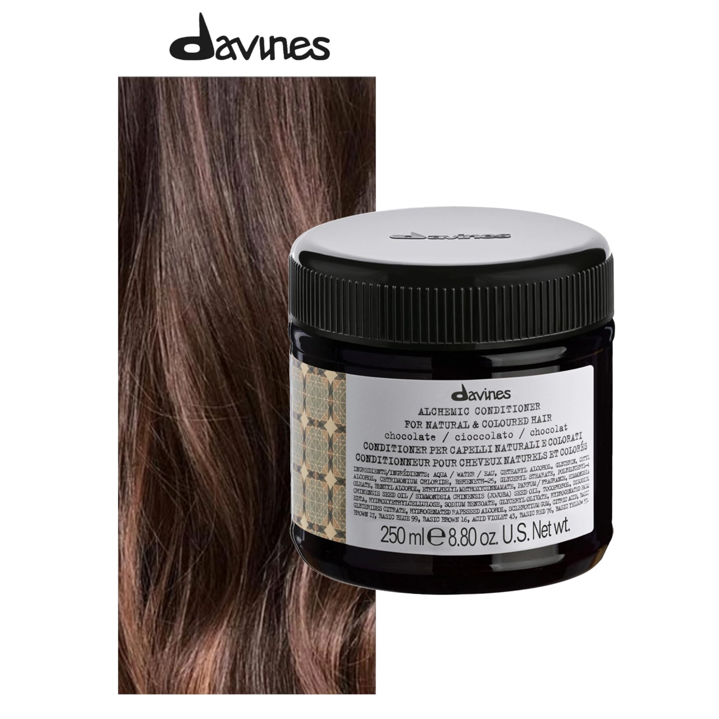 Davines Alchemic Conditioner Chocolate, Color Depositing Cream for Dark Brown & Black Hair - Intensifies & Hydrates Brunette Tones with Jojoba Oil, 8.45 Fl Oz