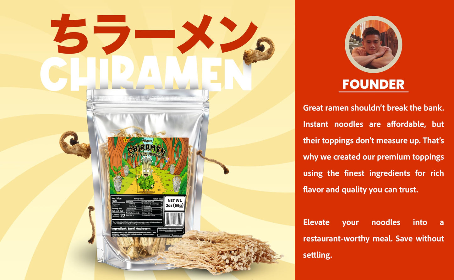 CHIRAMEN Dried Enoki Mushroom Ramen Toppings – Premium Freeze Dried Enoki Mushrooms for Ramen, Cup Noodles, Soups, Hot Pot & Asian Noodle Dishes